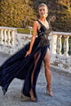 Elegant A Line V Neck Floor Length Black Split Long Prom Dress Evening Dress OHC462 | Cathyprom
