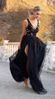Elegant A Line V Neck Floor Length Black Split Long Prom Dress Evening Dress OHC462 | Cathyprom