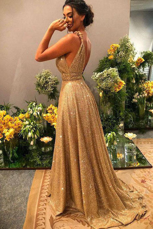 Elegant A Line V Neck Gold Sequins Prom Dress Backless Cheap Party Vin –  cathyprom