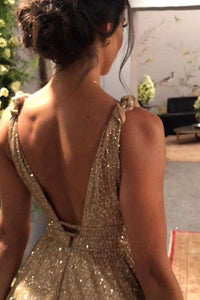 Elegant A Line V Neck Gold Sequins Prom Dress Backless Cheap Party Vintage Dresses OHC455 | Cathyprom