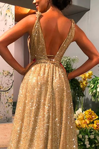 Elegant A Line V Neck Gold Sequins Prom Dress Backless Cheap Party Vintage Dresses OHC455 | Cathyprom
