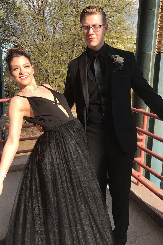 Elegant Black Tulle V neck Spaghetti Straps Long Senior Prom Dress Eve cathyprom Elegant Black Tulle V neck Spaghetti Straps Long Senior Prom Dress Eve cathyprom