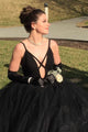 Elegant Black Tulle V neck Spaghetti Straps Long Senior Prom Dress Evening Dress OHC403 | Cathyprom