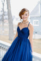 Elegant Blue Tulle A Line Sweetheart Open Back Long Prom Dress Evening Dress OHC409 | Cathyprom