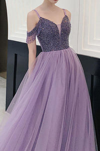 Fancy Cold Shoulder Beaded Lavender Long Prom, Evening Dress YZ211061