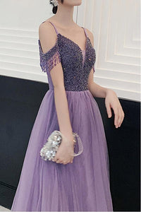 Fancy Cold Shoulder Beaded Lavender Long Prom, Evening Dress YZ211061