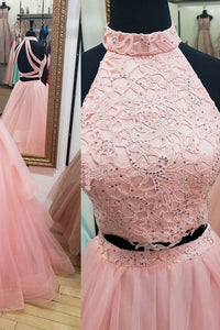 Elegant Pink Tulle Two Pieces Strapless High Neck Long Prom Dress Evening Dresses OHC406 | Cathyprom