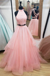 Elegant Pink Tulle Two Pieces Strapless High Neck Long Prom Dress Evening Dresses OHC406 | Cathyprom