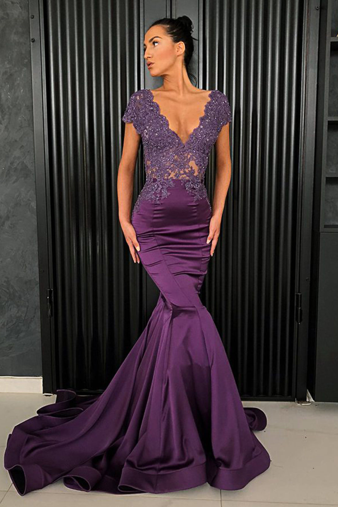 Silk Mermaid Prom Dress Elegant Purple Satin Cap Sleeves V Neck Long Lace Mermaid Formal Prom cathyprom Silk Mermaid Prom Dress Elegant Purple Satin Cap Sleeves V Neck Long Lace Mermaid Formal Prom cathyprom