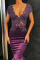 Elegant Purple Satin Cap Sleeves V Neck Long Lace Mermaid Formal Prom Dress Evening Dress OHC427 | Cathyprom