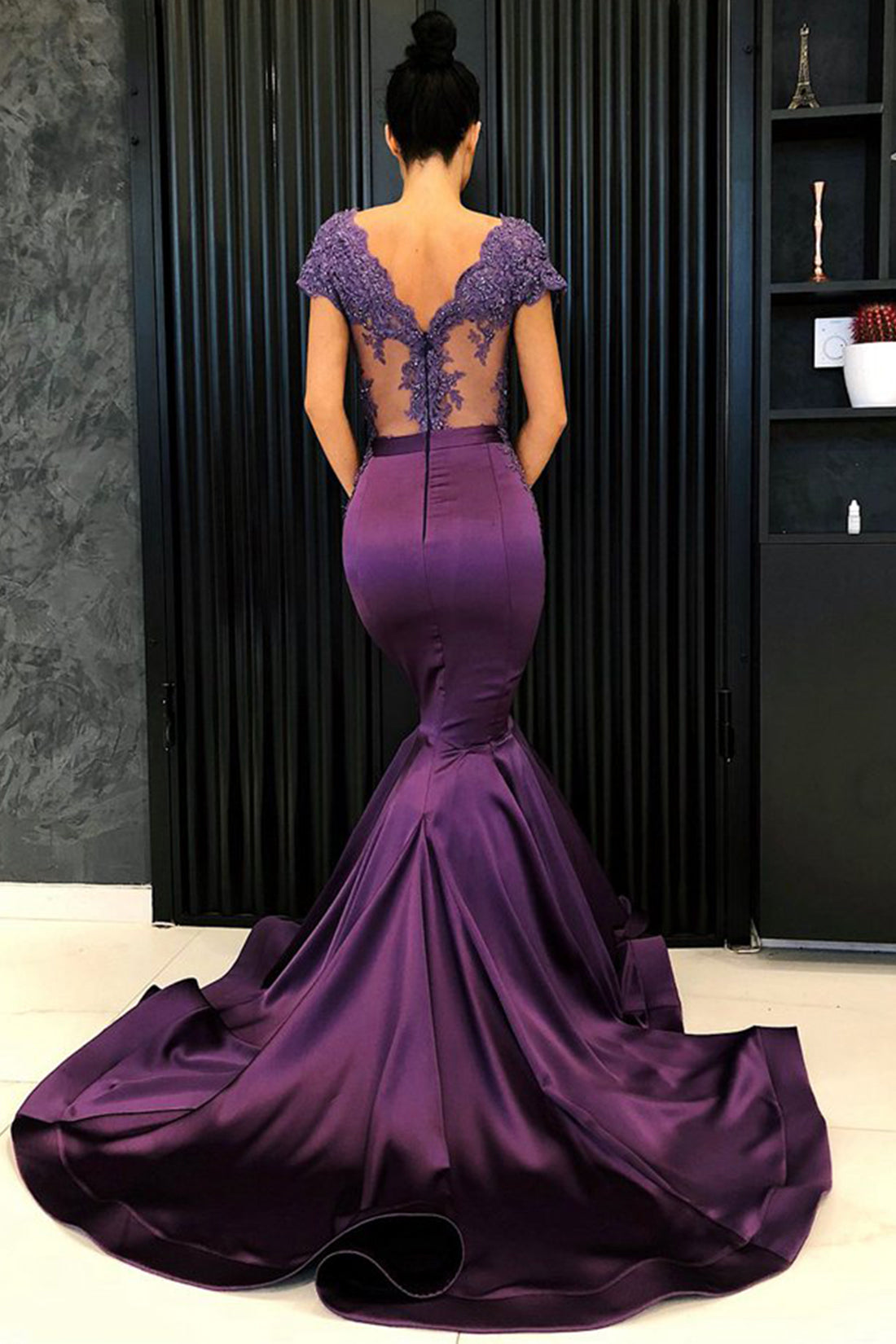 Elegant Purple Satin Cap Sleeves V Neck Long Lace Mermaid Formal Prom cathyprom Elegant Purple Satin Cap Sleeves V Neck Long Lace Mermaid Formal Prom cathyprom