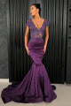 Elegant Purple Satin Cap Sleeves V Neck Long Lace Mermaid Formal Prom Dress Evening Dress OHC427 | Cathyprom