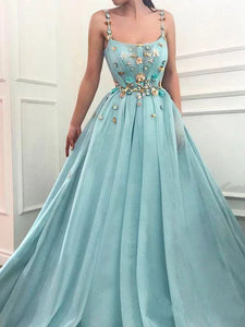 Elegant A Line Spaghetti Straps Tulle Scoop Prom Dresses with Appliques ES1423