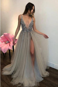 Elegant A Line Tulle Beads Deep V Neck Prom Dresses High Slit Ivory Evening Dresses CA562
