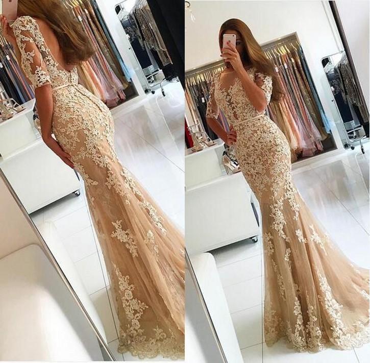 Elegant Half Sleeve Lace Mermaid Backless Prom Dresses, Long Cheap Eve cathyprom Elegant Half Sleeve Lace Mermaid Backless Prom Dresses, Long Cheap Eve cathyprom