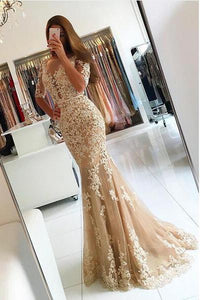 Elegant Half Sleeve Lace Mermaid Backless Prom Dresses, Long Cheap Evening Dresses CP613