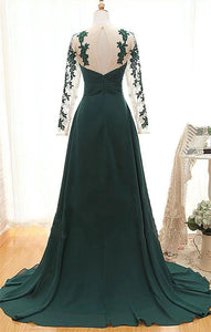 Elegant Long Sleeve Green Chiffon Long Appliqued Prom Dresses, Open Back Party Dresses CP612