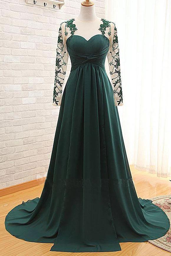 Elegant Long Sleeve Green Chiffon Long Appliqued Prom Dresses, Open Ba –  cathyprom