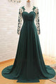 Elegant Long Sleeve Green Chiffon Long Appliqued Prom Dresses, Open Back Party Dresses CP612