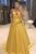 Elegant Yellow Spaghetti Straps A Line Satin V Neck Prom Dresses with Beads Pockets CP620