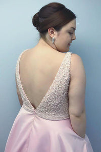 Fashion A Line Pink Satin V Neck Beaded Sleeveless Backless Long Senior Prom Dress Evening Dress OHC415 | Cathyprom