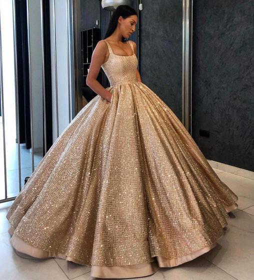 Ball Gown Prom Dress with Pockets Beads Sequins Floor Length Gold Quin cathyprom