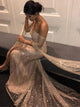 Gold Sequined  Off Shoulder Lace Long Prom Dresses, Evening Dress CMS211207