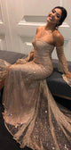 Gold Sequined  Off Shoulder Lace Long Prom Dresses, Evening Dress CMS211207