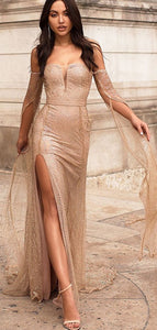 Gold Sequined  Off Shoulder Lace Long Prom Dresses, Evening Dress CMS211207