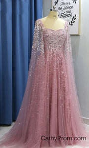 Stunning Beading A Line Long Prom Dresses Sweetheart Arabic Prom/Evening Dress with Sleeves HSC2210|CathyProm