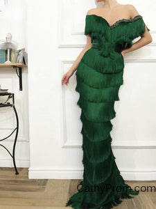 Unique Emerald Green Tassel Arabic Prom Dress Mermaid Off the Shoulder Crystal Beaded Long Prom/Evening Dress HSC2216|CathyProm