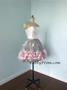 White and Silver Strapless Flower Cute Homecoming Dress 2019 Short Prom Party Gown HSC3311|CathyProm