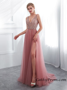 Sexy Deep V-neck Modest Tulle Beaded Long Prom Dress A Line Floor Length Prom Evening Gown HSC3314|CathyProm