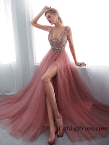 Sexy Deep V-neck Modest Tulle Beaded Long Prom Dress A Line Floor Length Prom Evening Gown HSC3314|CathyProm