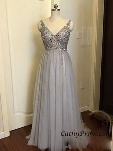 Sexy Deep V-neck Modest Tulle Beaded Long Prom Dress A Line Floor Length Prom Evening Gown HSC3314|CathyProm