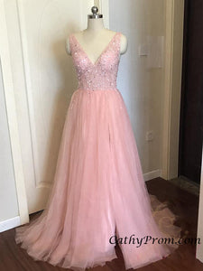 Sexy Deep V-neck Modest Tulle Beaded Long Prom Dress A Line Floor Length Prom Evening Gown HSC3314|CathyProm