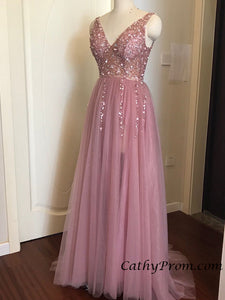 Sexy Deep V-neck Modest Tulle Beaded Long Prom Dress A Line Floor Length Prom Evening Gown HSC3314|CathyProm