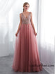 Sexy Deep V-neck Modest Tulle Beaded Long Prom Dress A Line Floor Length Prom Evening Gown HSC3314|CathyProm