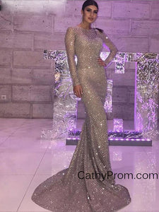 Long Sleeve Sequin Gold Sparkly Prom Dress 2019 Mermaid Prom Dress Evening Gowns HSC5519|CathyProm