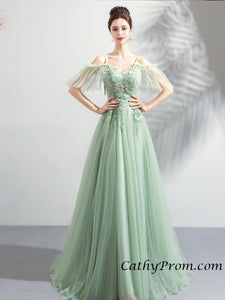 Elegant Tulle Spaghetti Straps Mint Prom Dress A Line Floor Length Appliques Prom Evening Dress HSC6613|CathyProm