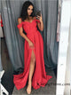 Spaghetti Straps Cap Sleeve Red Satin Long Prom Dress with Slit A Line Prom Evening Dress HSC6612|CathyProm