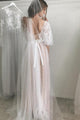 Elegant Simple A-line Half Sleeve Sweep Train Long Tulle Bridal Gown Wedding Dresses OHD155 | Cathyprom