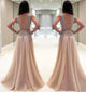 A-Line Floor-Length V-Neck Backless Sexy Champagne Beading Prom Dresses FV3103