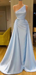 Pale Blue Pleat One Shoulder Fashion Prom Dresses FL1334
