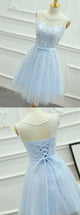 Blue Homecoming Dress Scoop Knee Length Appliques Short Prom Dress Party Dress OHM180