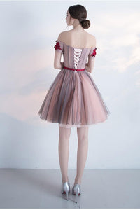 Cute Homecoming Dress Sleeveless Off The Shoulder Tulle Hand-Made Flower Short Prom Dress Party Dress OHM125 | Cathyprom