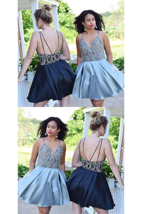 Sexy Homecoming Dress Spaghetti Straps Rhinestone Sleeveless Backless Satin Short Prom Dress Party Dress OHM107 | Cathyprom