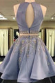 Two Pieces Halter Satin With Rhinestone Short Homecoming Dress OHM061 | Cathyprom