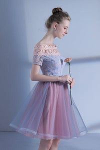 A Line Off-the-shoulder Short Sleeve Lace Short Prom Dress Tulle Homecoming Dress Party Dress OHM106 | Cathyprom