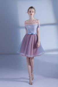 A Line Off-the-shoulder Short Sleeve Lace Short Prom Dress Tulle Homecoming Dress Party Dress OHM106 | Cathyprom